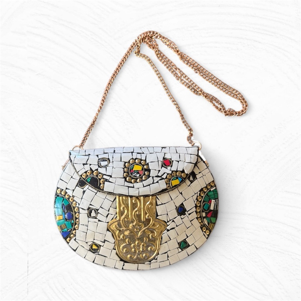 NEW Ramla Handmade Mosaic Crossbody Bag with Gold Accents